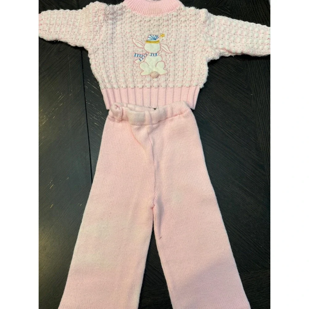 Vintage Tiny‎ Tots Original Pink White Bunny Popcorn Knit Sweater Pants Hat Set
